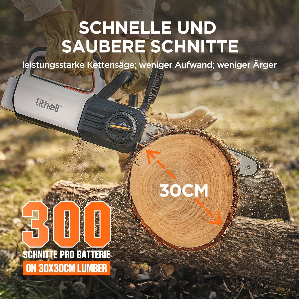 Image showing the Litheli chainsaw cutting a 30 cm diameter log, demonstrating its cutting performance.