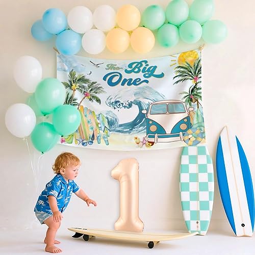 Miniatura 6 de The Big One - Decoraciones de fondo de primer cumpleaños, globos de surf de primer cumpleaños, suministros de fiesta en la piscina