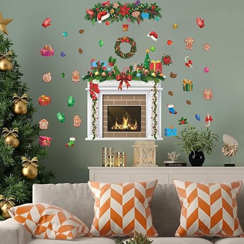 Miniatura 2 de IARTTOP Calcomanía de tablón de anuncios de chimenea de Navidad, calcomanía de pared de chimenea de Navidad, decoración de fondo de chimenea, corona