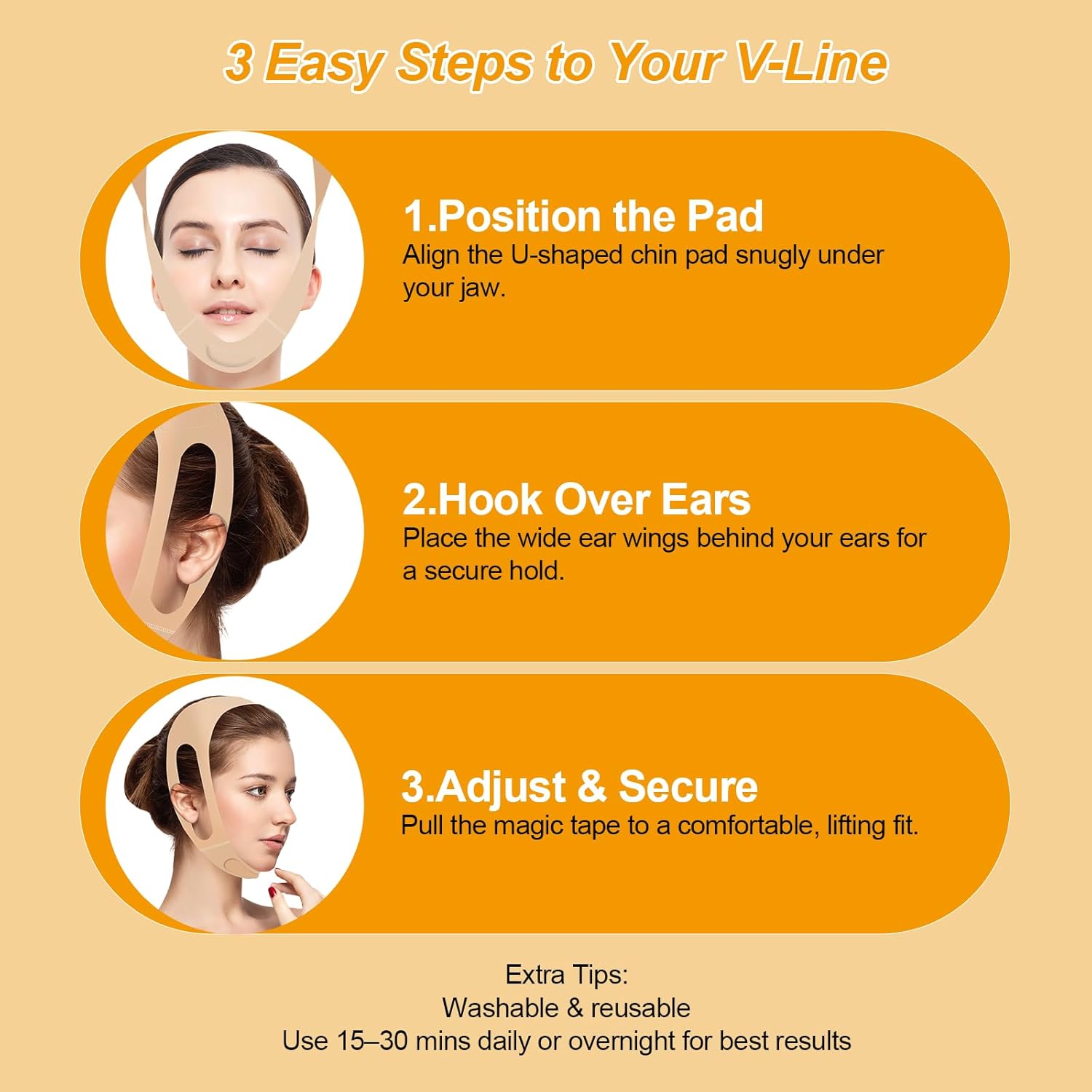 V Line Lifting Mask with Ear-Friendly Design, Chin Strap for Sleeping, U-Shaped Pad for Double Chin Support, Reusable V Shaped Face Slimming Strap for Women Jawline Lifting Belt - Image 6