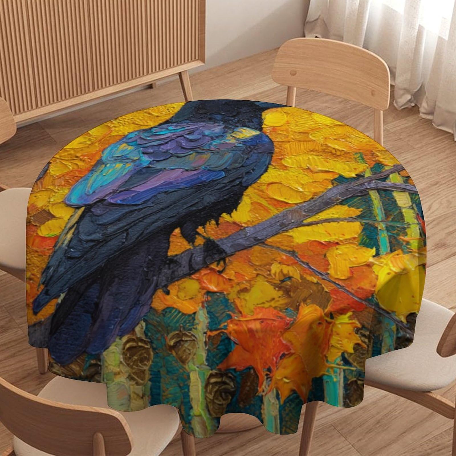 LUYYSKY Vintage Realistic Raven Round Tablecloth Beautiful Abstract Autumn Plants Maple Trees Animals Crow Washable Decor for Table Cover for Kitchen-91.4" Wx91.4 L cm
