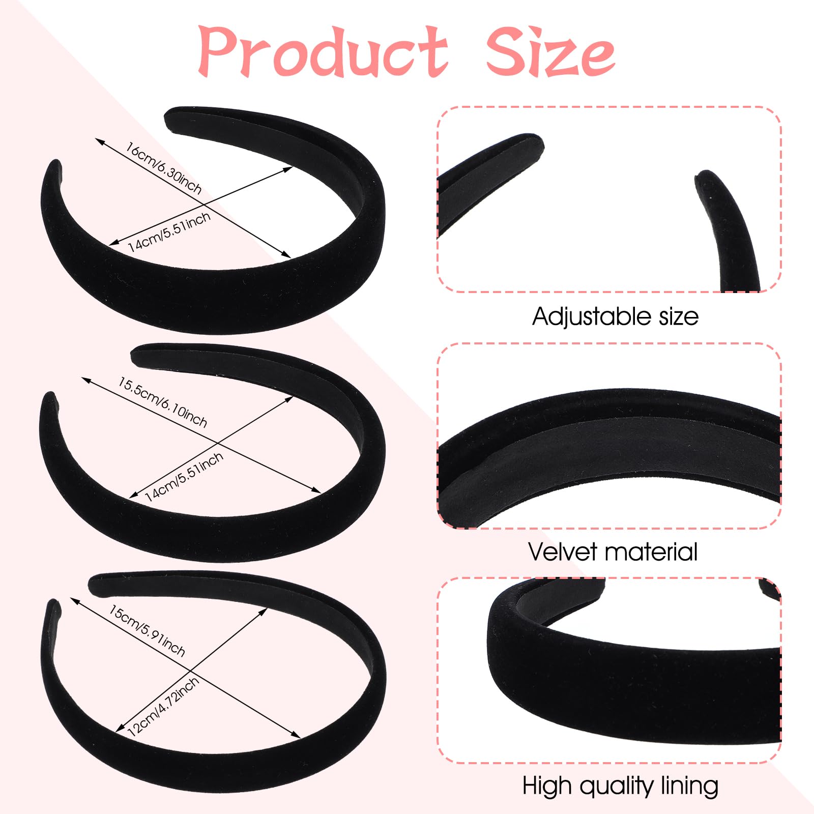 Tyqour 3pcs Velvet Padded Black Headband - Wide Sponge Comfortable Vintage Thick Fashion No Slip Hair Accessories for Women - Image 4