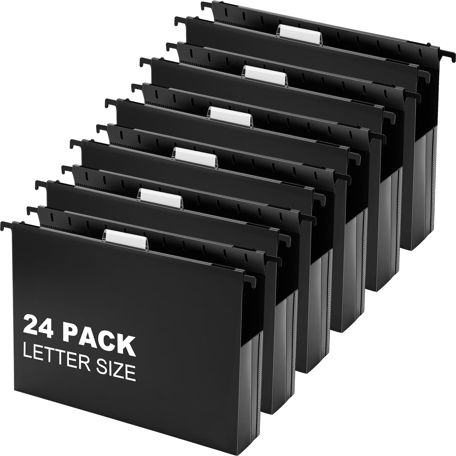 24 Pack Extra Capacity Plastic Hanging File Folders Letter Size Heavy Duty 2 Inch Expansion Reinforced Hang Folder with 1/5-cut Tabs Filing Cabinet Folders for Office Home (Black)