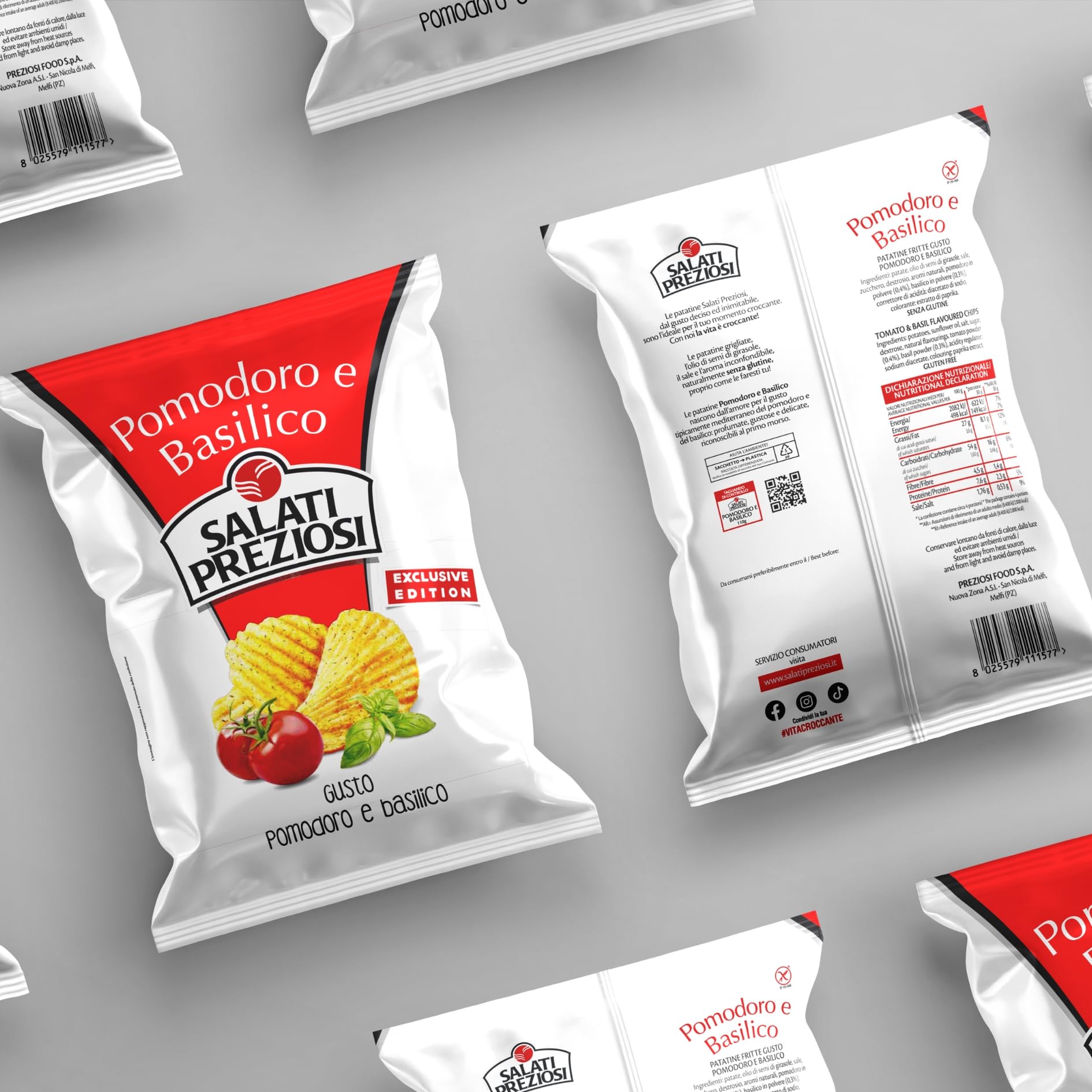 Salati Preziosi | Patatine Pomodoro e Basilico, con sale iodato, snack senza glutine, preparate con olio di semi di girasole, 20 pezzi x 110g