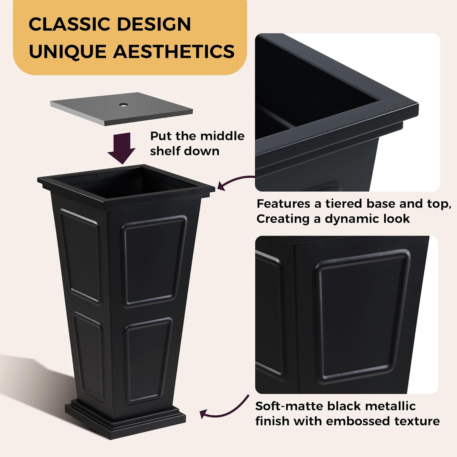 26" Tall Metallic Planter Set of 2, Black Taper Planters with Removable Partition Drainage Holes, Large Outdoor Planter for Front Porch, Garden, Patio, Balcony, Classic Estate Design, All-Weather Use