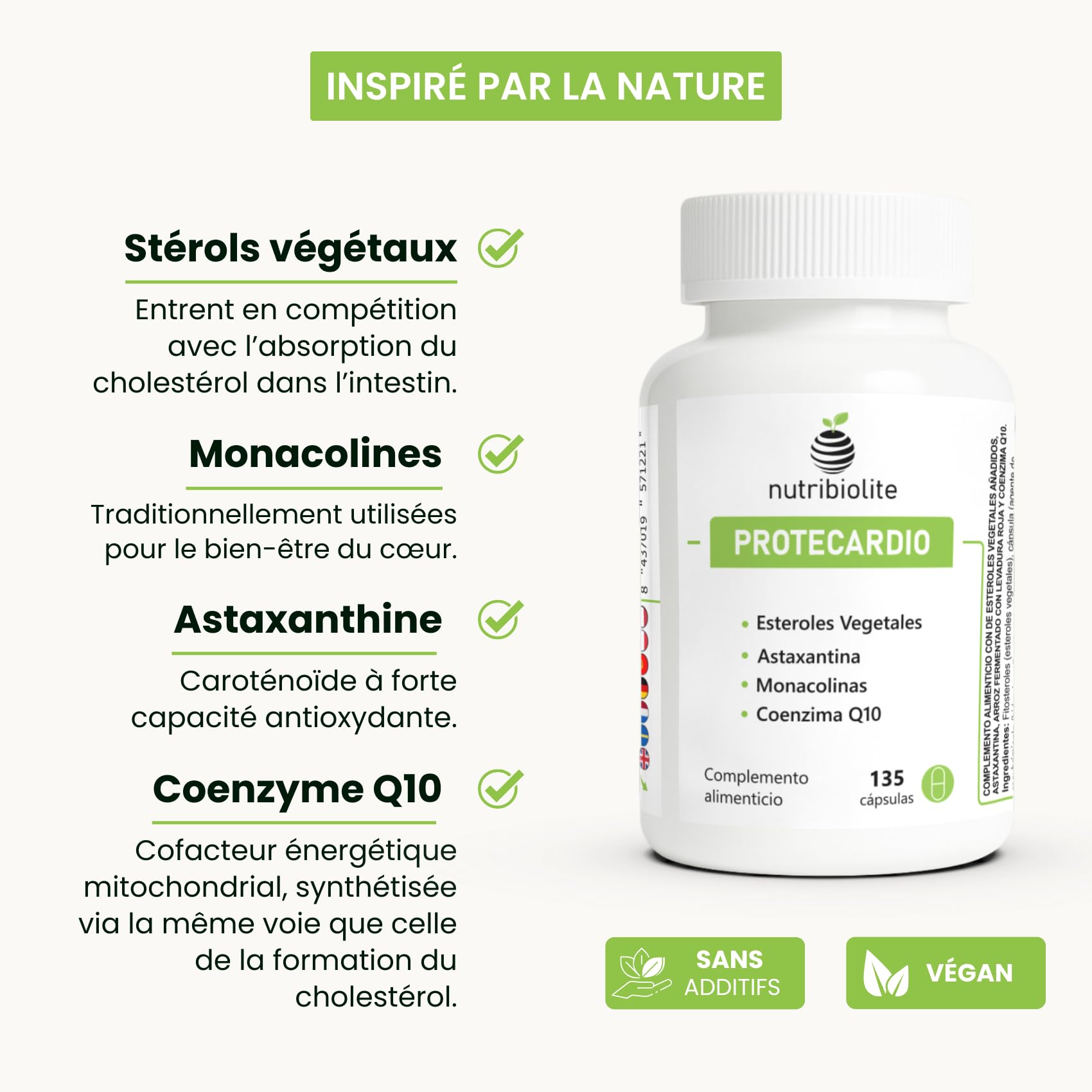 Stérols Végétaux (Phytostérols), Levure de Riz Rouge (Monacolines), Astaxanthine et Coenzyme Q10 – Cholestérol et Triglycérides – 135 gélules – Végan – Sans additifs | Protecardio Nutribiolite