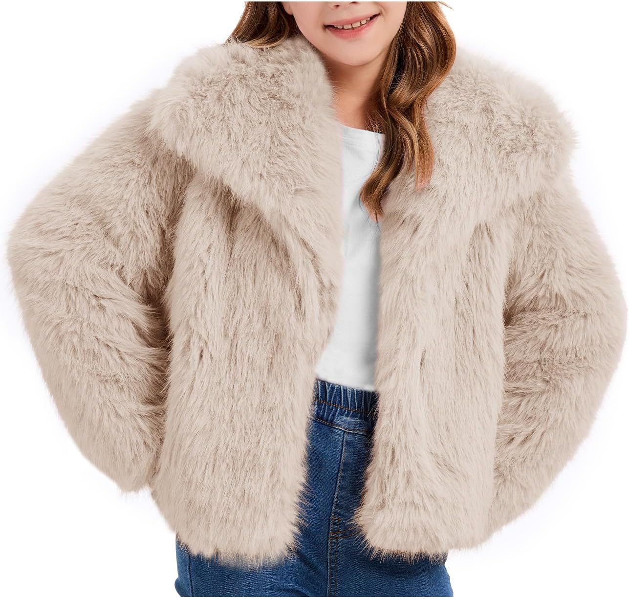 COZYPOIN Girls Faux Fur Coat Kids Fluffy Fur Jacket Cropped Long Sleeve Lapel Open Front Winter Fuzzy Outerwear Pockets 5-14Y