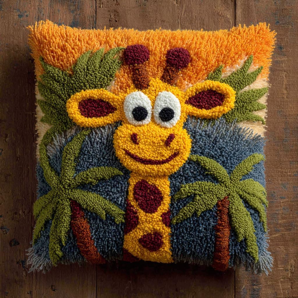 AMBATTERY Latch Hook Kits for Adults Animal Giraffe Printed Pillowcase Crochet Yarns Hooking Handmade Pillow Cover Cushion for Latch Hook Throw Pillow Kit 17x17inch