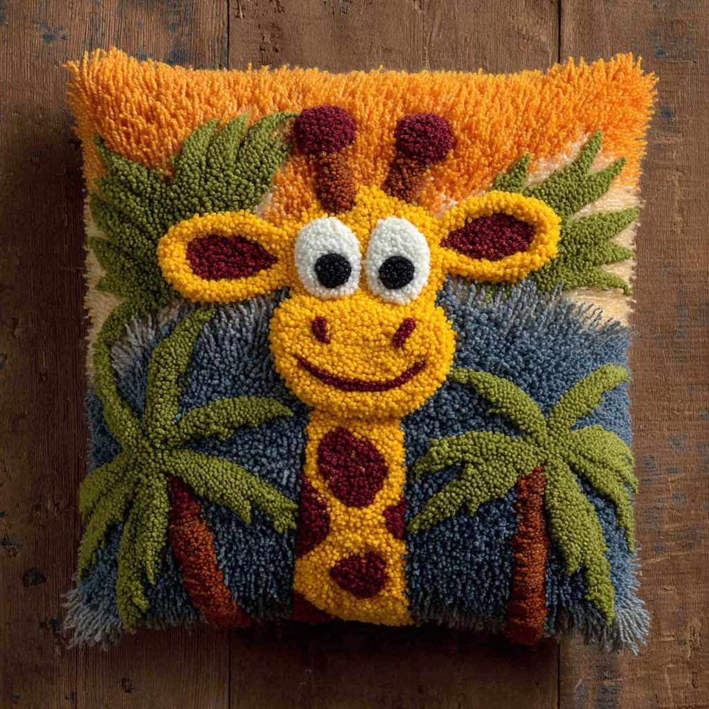 Ambattery Latch Hook Cushion Kits-F Latch Hook Kits For Adults Animal Giraffe Cushion Cover Making Crochet Craft Kits Pre Printed Canvas Wool Yarn Hobbies Diy Sofa Home Decor 17X17in