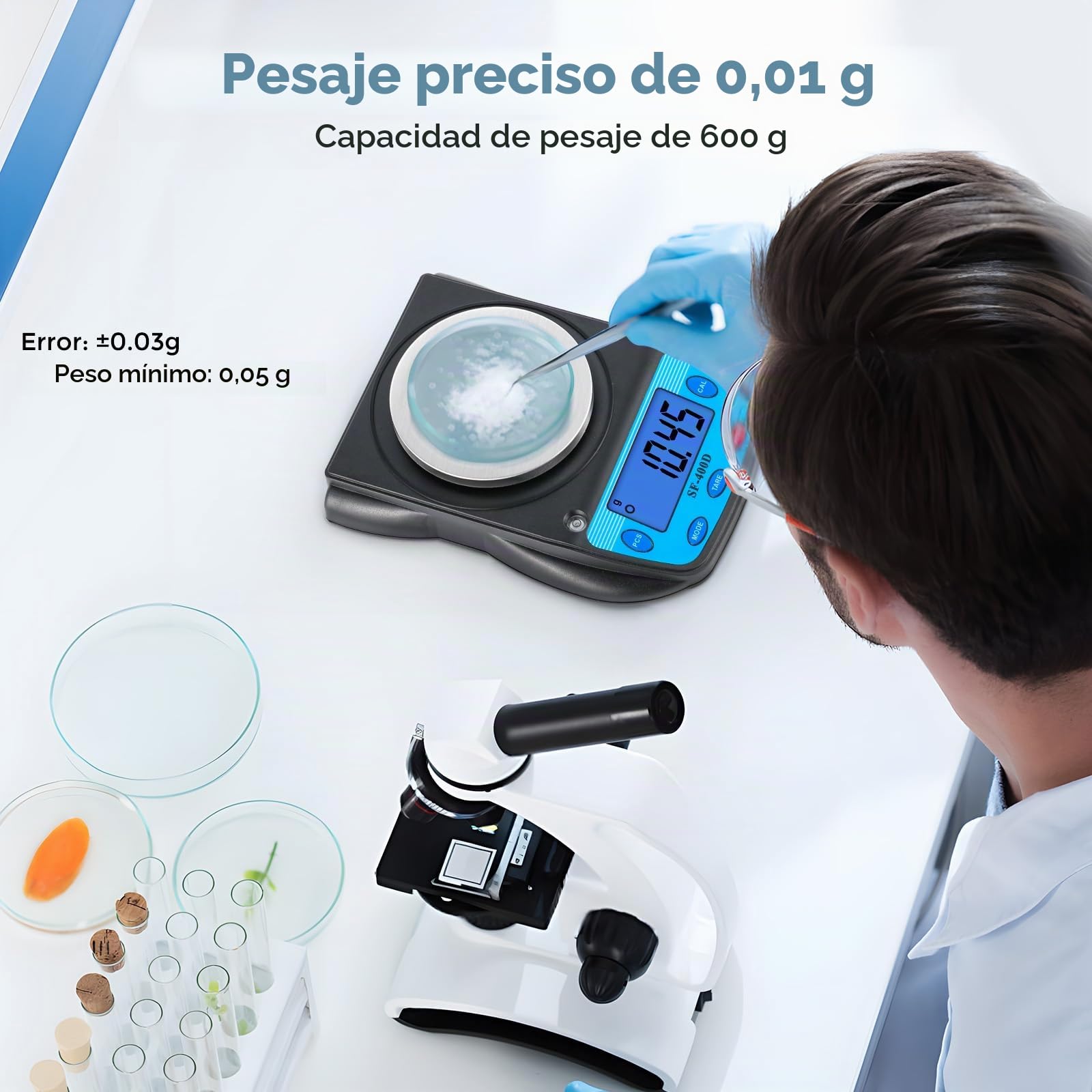 Bonvoisin Báscula Digital de Laboratorio 600g x 0.01g, Báscula Analítica de Precisión, Báscula para Joyería con Pantalla LCD, Precisión de 0.01g, para Uso Científico