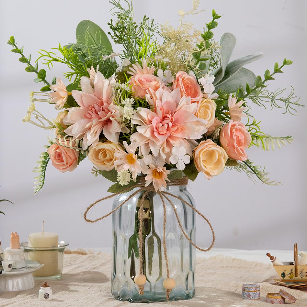 LESING Artificial Flowers in Vase, Silk Faux Flowers Arrangement Rose Hydrangea Bouquets with Vase Daisy Rustic for Kitchen Centerpiece Table Decoration (Dahlia-Pink)