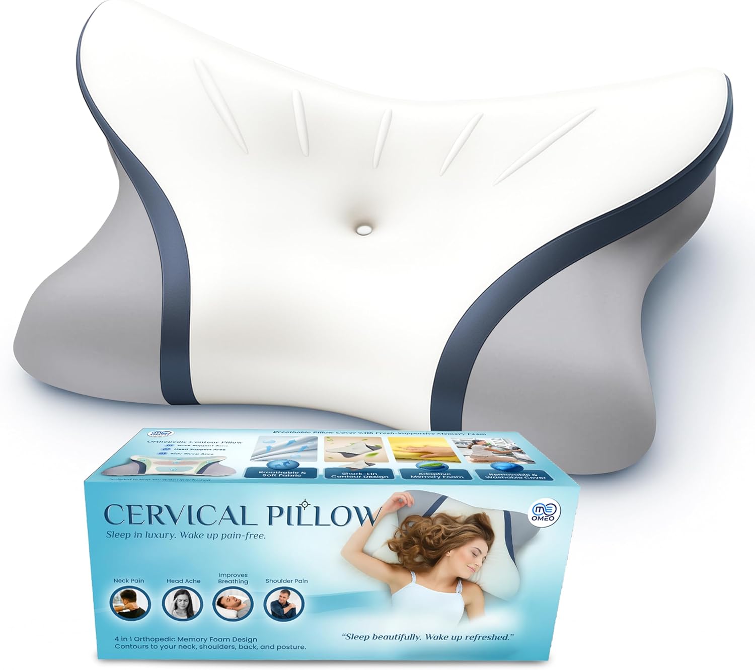 OMEO Cervical Neck Pillow for Pain Relief - Cooling Side Sleeper Pillow for Sleeping, Contour Orthopedic Bed Pillow for Back Stomach Sleepers, Ergonomic Memory Foam Pillows for Neck Support