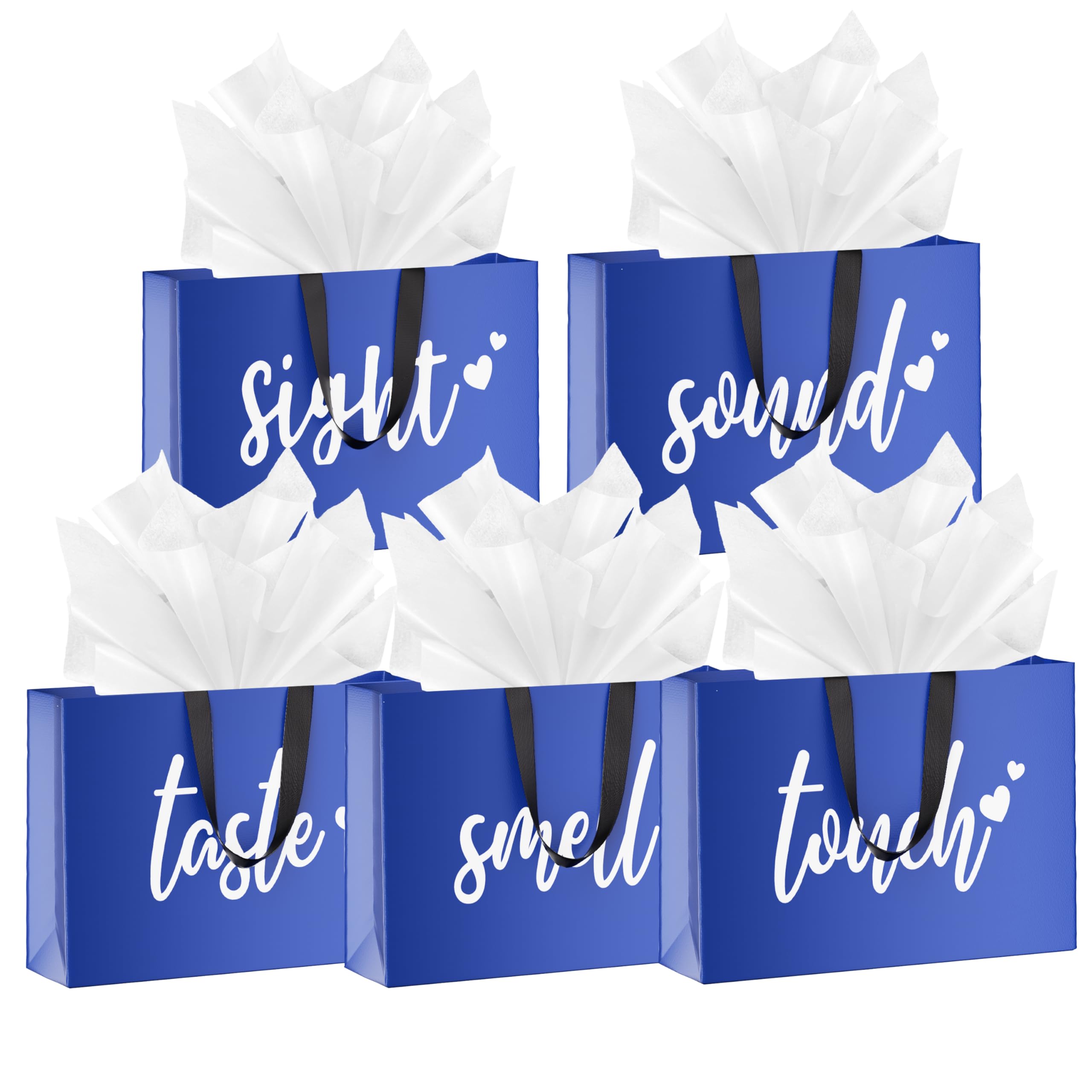 YIXAXKAO 5 Senses Gift Bags Five Senses Gift Bags with Tissue Paper Kraft Paper Bag with Ribbon Handles for Anniversary, Valentine's Day, Birthday for Him Husband Boyfriend (Blue White)