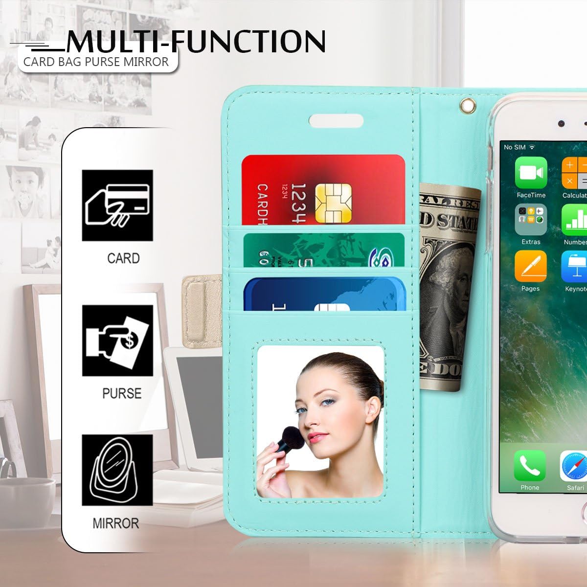 WWW iPhone 8 Plus Case,iPhone 7 Plus Case, [Mirror Series] RFID-Resisting PU Leather Case Kickstand Flip Case with Card Slots and Mirror for iPhone 7 Plus/8 Plus Mint Green