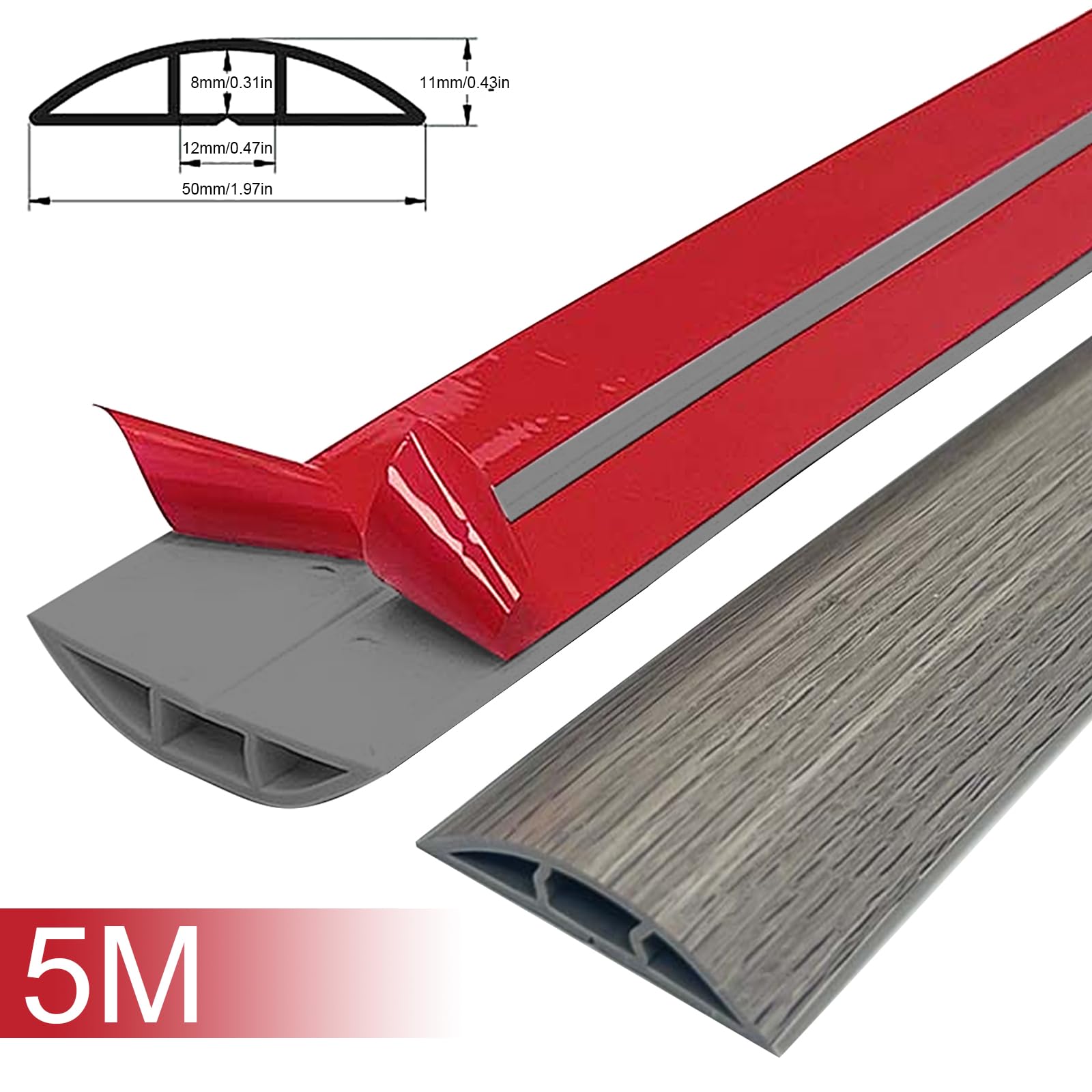 Protezione per cavi da pavimento, canalina per cavi autoadesiva, per pavimento in PVC, ponte, copertura per pavimento, protegge i cavi e previene cadute (grigio scuro, 5 m)