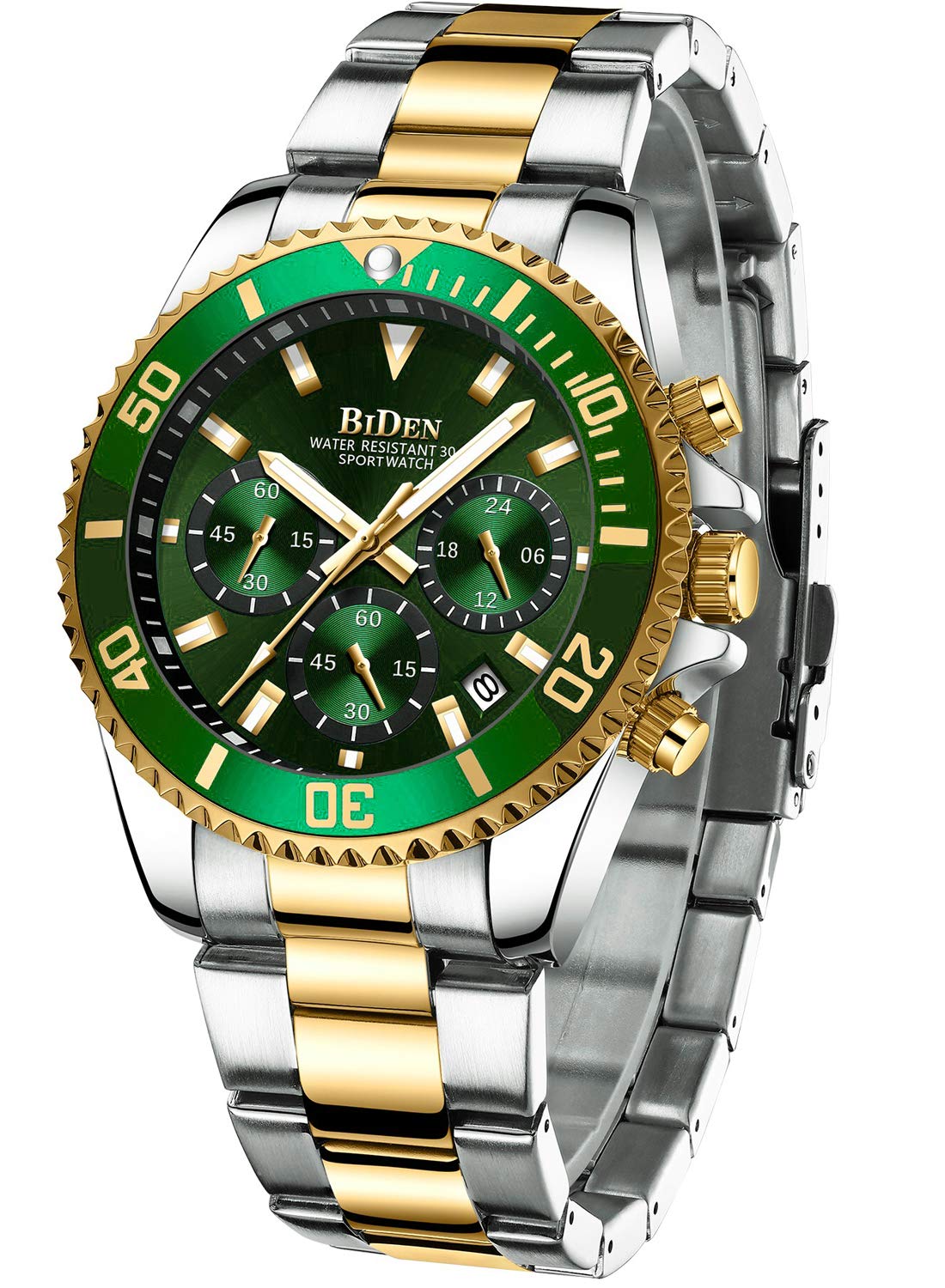 HANPOSH Reloj Hombre Cronógrafo de Acero Inoxidable(Plata Oro Verde)