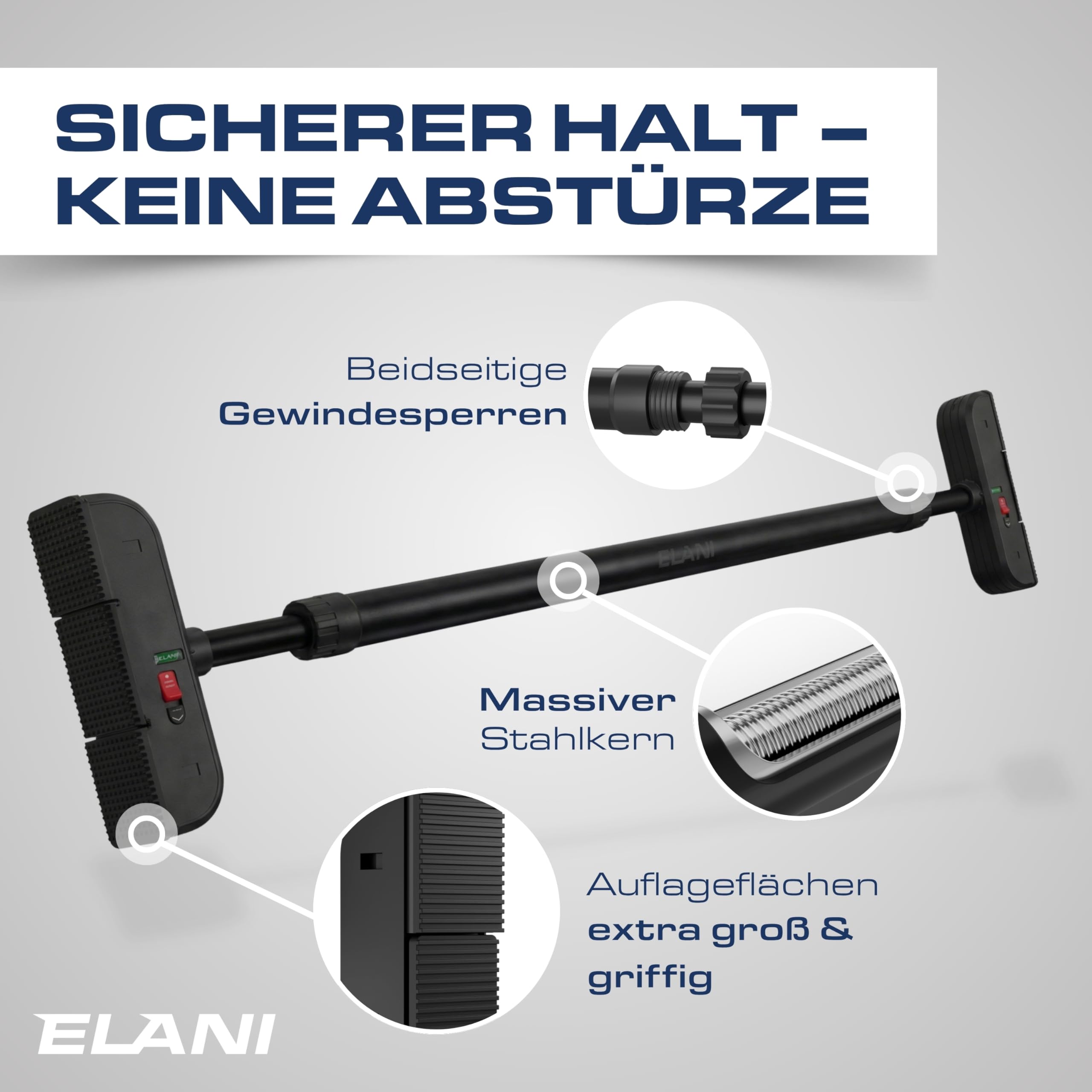 ELANI – Klimmzugstange Wandmontage 115–140 cm | Ohne Bohren | Mit Wasserwaage & sicherem Halt | Pull Up Bar für Flur, Decke & Indoor | Reckstange für Klimmzüge und Training zuhause