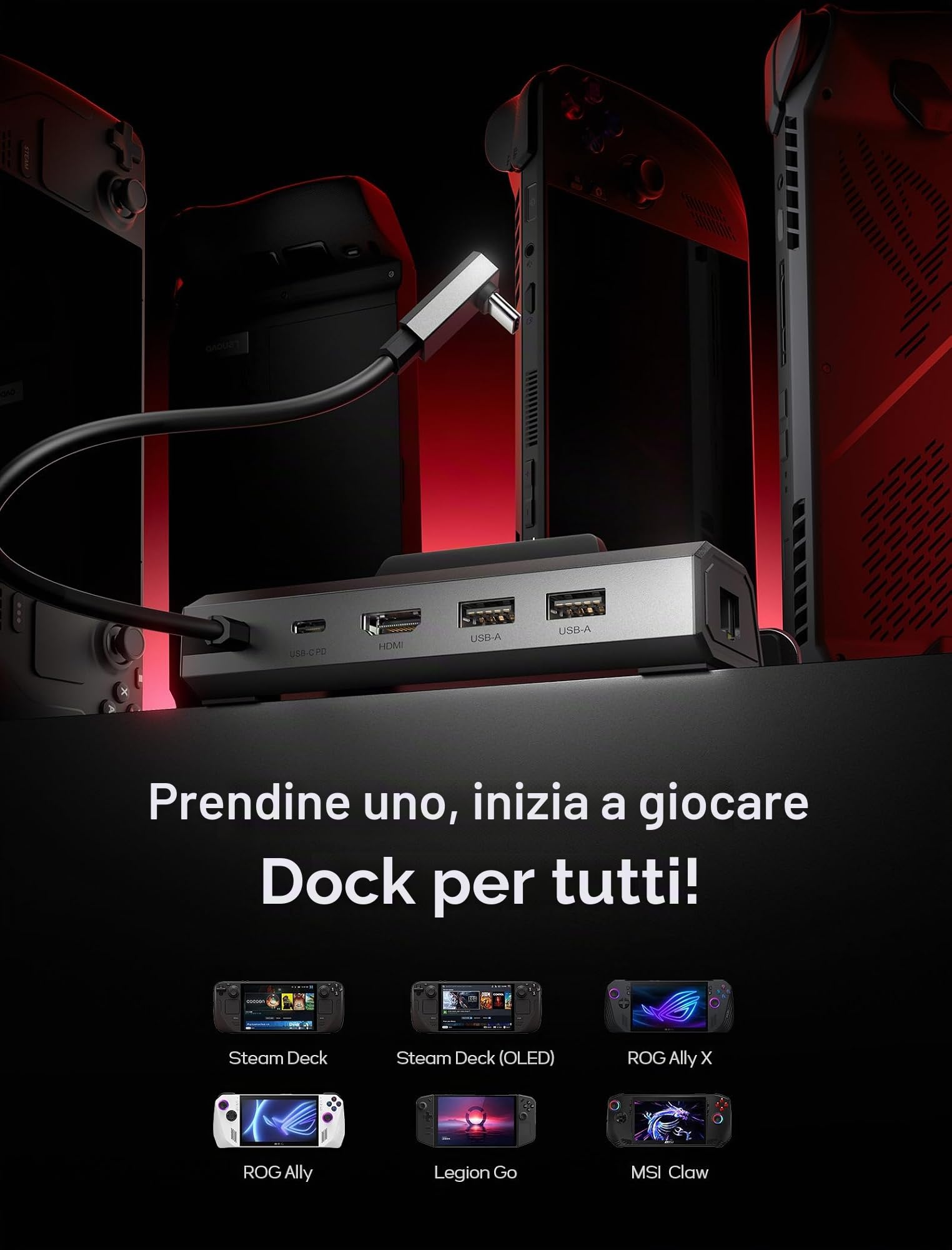 JSAUX 5 in 1 Docking Station con Caricatore da 65W, per Steam Deck OLED | HB0602, HDMI 2.0 4K@120Hz, Ethernet 100Mbps, doppia porta di ricarica USB-A 2.0 e USB-C da 100 W