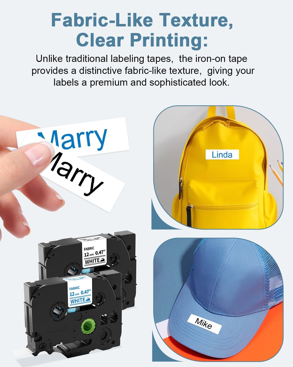 Replace for Brother Fabric Iron on Label Tape TZe-FA231 TZe-FA3 12mm 0.47" Clothing Labeling Tape Work with Brother Ptouch Label Maker PT-D220 PT-D210 PT-H110 PT-D200, Black/Blue on White, 4-Pack
