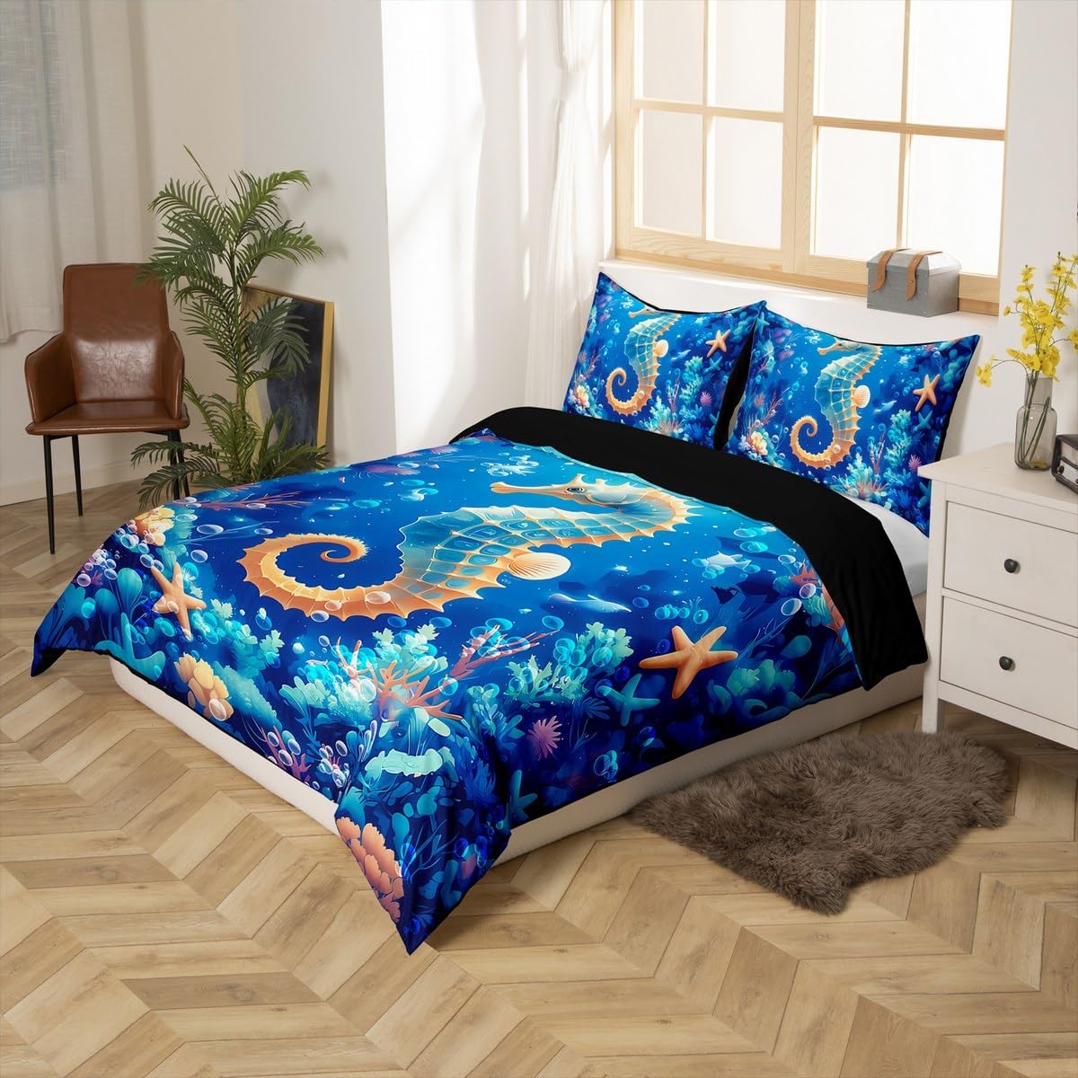jejeloiu Kids Seahorse Duvet Cover Toddler Size, Ocean Comforter Cover Sea Underwater World Bedding Set Boys Girls Marine Life Sealife Bedspread Cover Bedclothes Zipper (No Comforter)