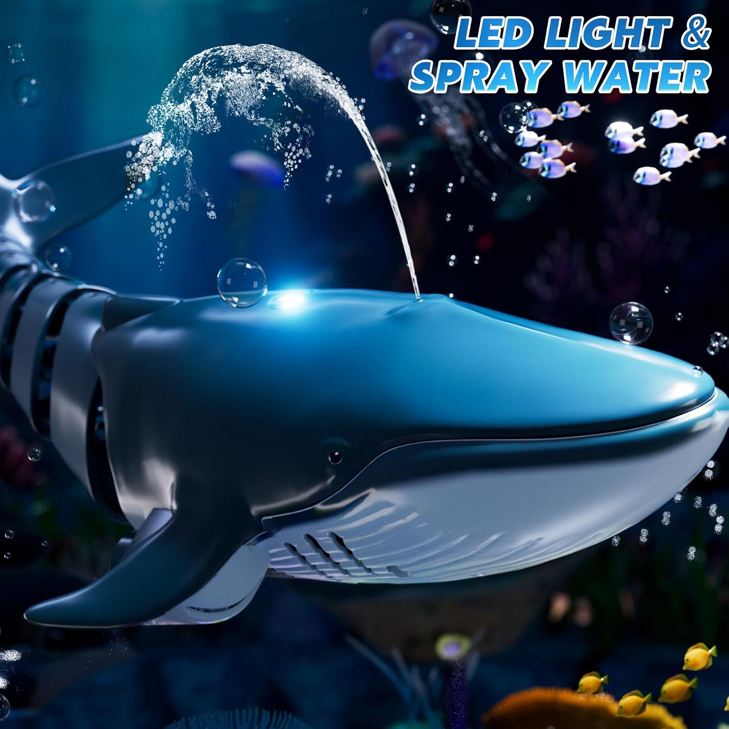 Remote Control Whale Shark Toys for Boys Kids, 1:18 Scale High Simulation Shark for Pool, 2.4Ghz Electric RC Shark Boat Fish Toys with Light & Spray, Toy Shark Gifts for 6 7 8 9 Year olds Kid Boy Girl