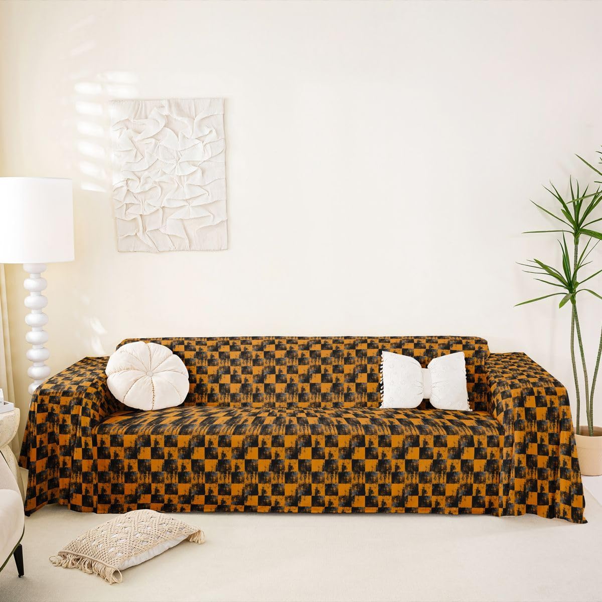 Erosebridal Black Orange Checkered Couch Cover for Dogs