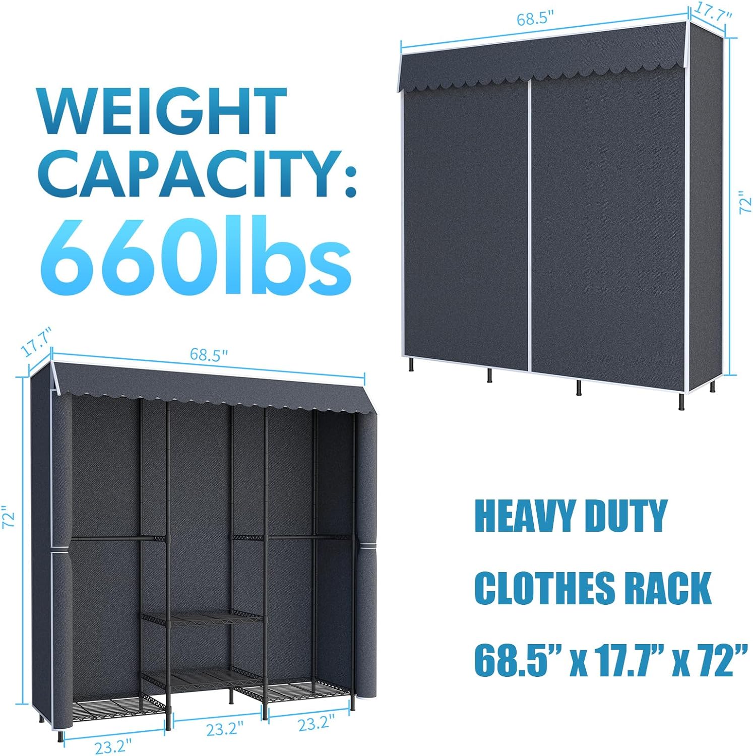 68 inch Heavy Duty Portable Closet Wardrobe Closet with Cover Large Storage Clothes Rack for Hanging Clothes Metal Armoire Wardrobe Closet Shelves Freestanding Clothing Racks for Bedroom Gray 660 LBS
