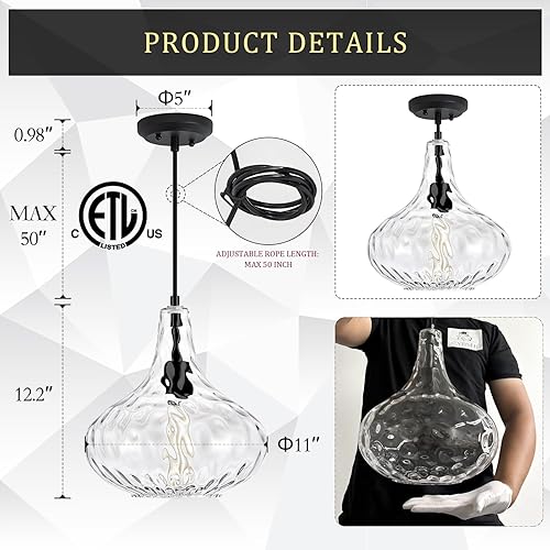 Miniatura 2 de Glass Large Pendant Lights for Kitchen Island Blown Glass Pendant Light Clear Hammered Shade Hanging Ceiling Lights with Black Finish for for
