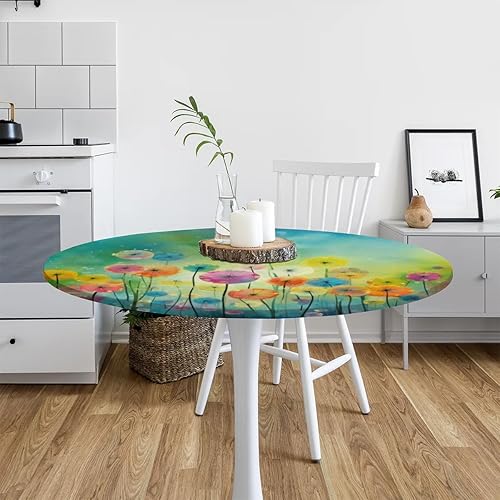 Vista 240 de Mantel redondo ajustable con borde elástico, mantel de hojas coloridas abstractas, impermeable, lavable, para mesas redondas, ideal para picnic