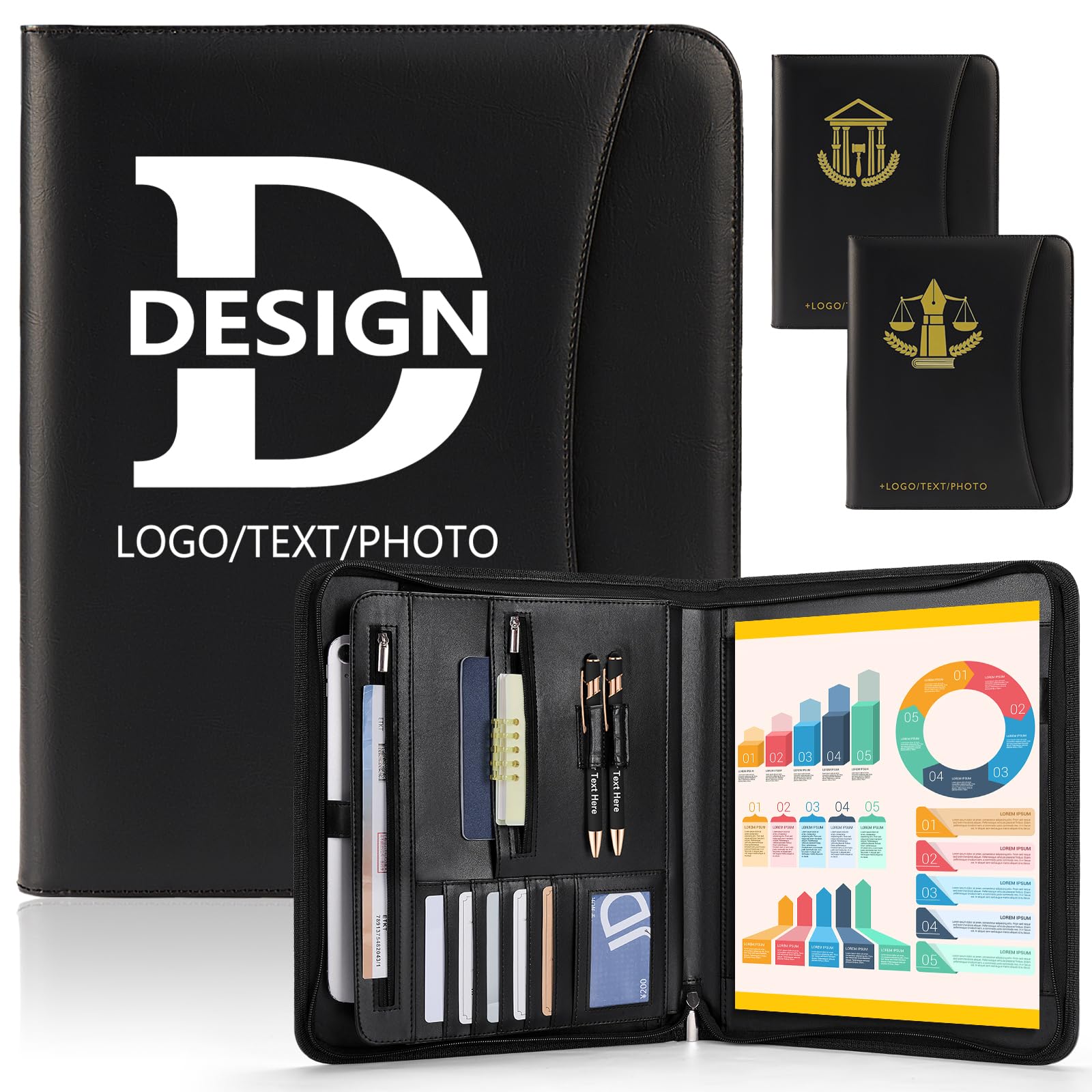 ENOMY Konferenzmappe A4 personalisiert Leder mit Reißverschluss, Dokumentenmappe Organizer Schreibmappe Portfolio Mappe mit Logo Bild, Business Bewerbungsmappe für Büro Meeting Reise Schwarz (Schwarz)