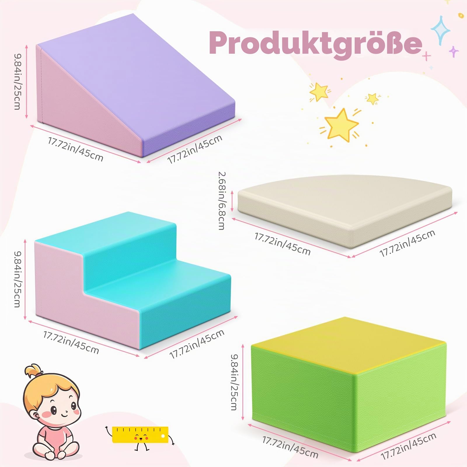 4-teilige Schaumstoff Kletterbausteine, Makaron Farben Softbausteine mit Klettverschluss, Kombinierbares Spielzeug für Kleinkinder Indoor & Kindergarten