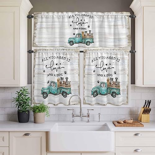 Miniatura 3 de Juego de cenefas y niveles de cortina de cocina, camión azul con bolsillo para barra de perro, juego de 3 piezas de cortina de ventana de grano de