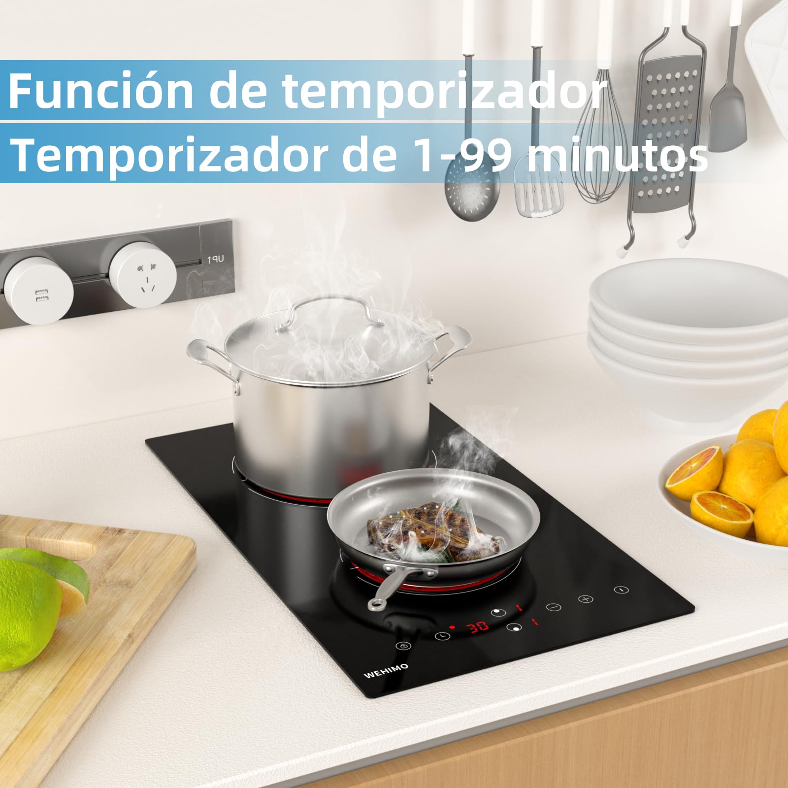 Placa Vitrocerámica 2 Fuegos Potencia 3000W Bloqueo Infantil,9 niveles de Potencia,Control Táctil,Indicador de Calor,Temporizador
