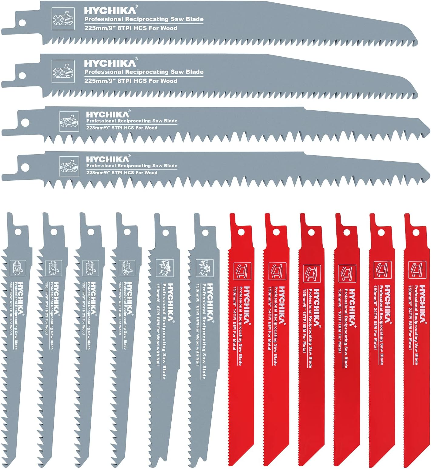 HYCHIKA 16 Pieces Reciprocating Saw Blades, Durable Sawzall Blades with Organizer Case Perfect for Pruning, Wood Cutting or Metal Cutting