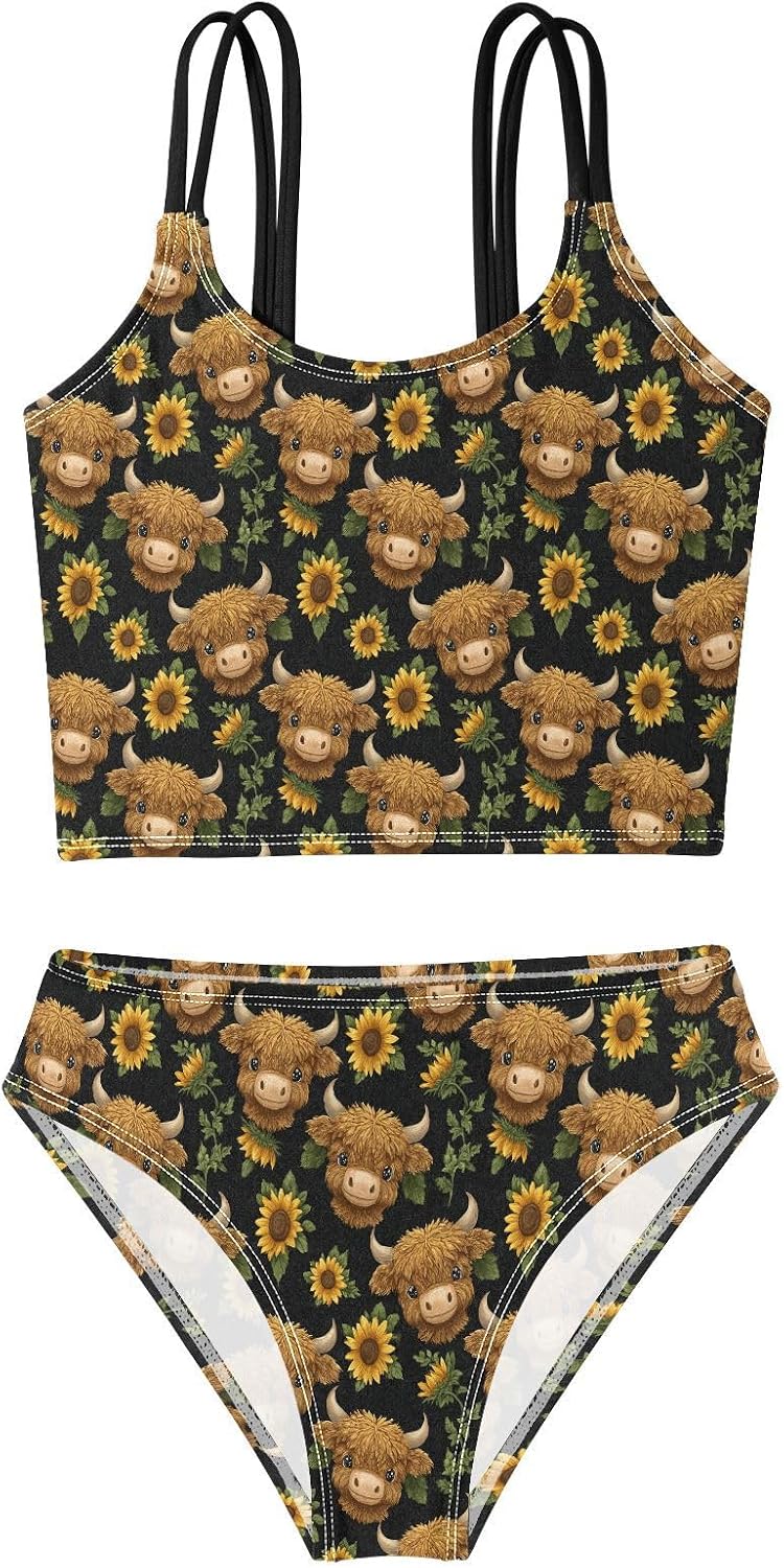 Girls Two Piece Swimsuits Watercolor Highland Cow Bikini Set Swimwear Kids Bathing Suit for Girls 5-12 Years