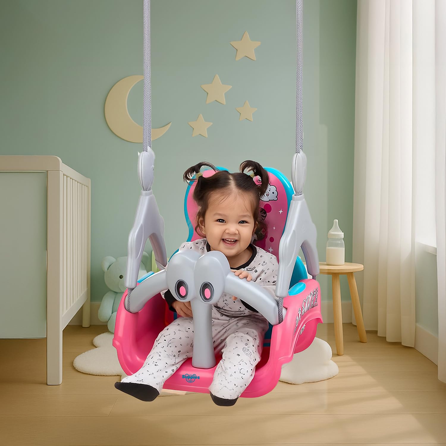 Amazon Brand - Supples Baby Swing for Kids | Non-Toxic Plastic | Indoor & Outdoor Use | Adjustable Design with Safety Belt | Age 6 Months to 4 Years | Blue & Pink