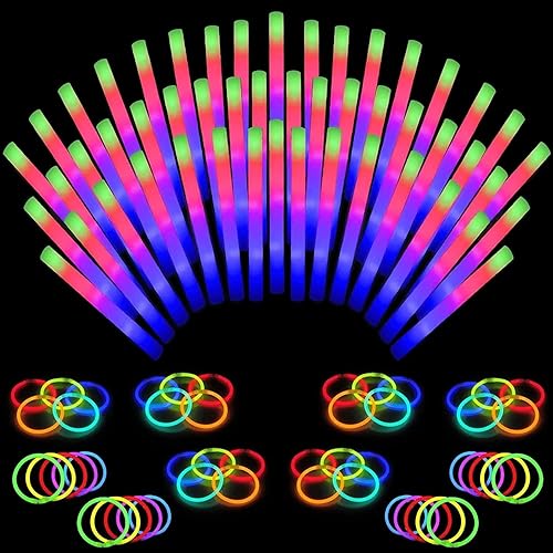 Toysery 100 varillas de brillo a granel – 36 varillas de espuma LED que brillan en la oscuridad, suministros de fiesta con 3 modos de efecto