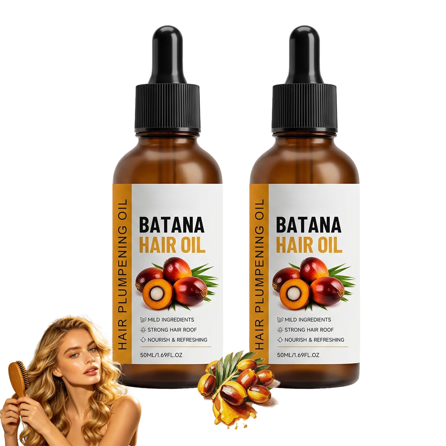 Batana Hair Oil Infused with Rosemary Leaf Oil, Leave-In Scalp Moisturizer for Dry Hair, Nourishing Care for Dry Scalp, Softens Frizz Hairs(1.69 FL OZ) (2Pcs)