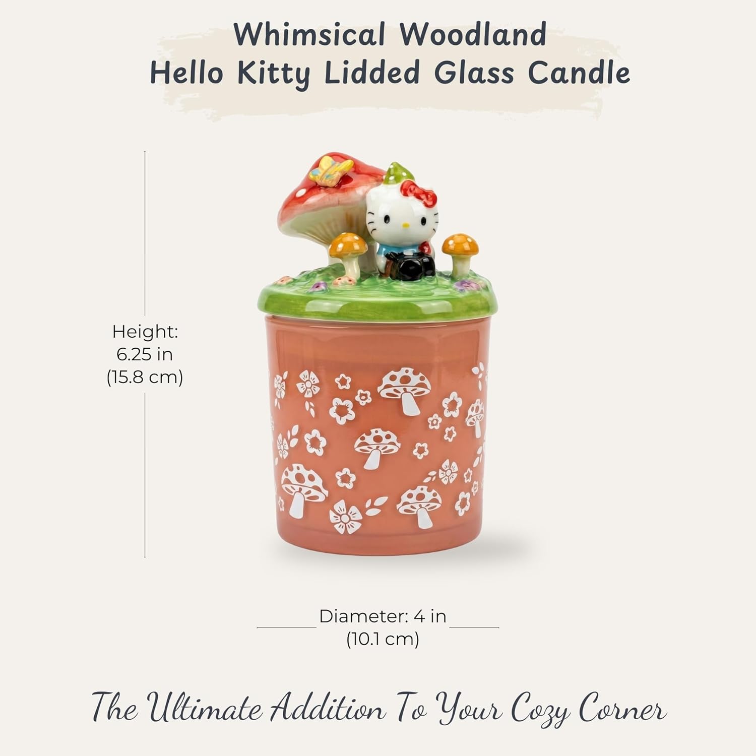 Blue Sky Clayworks Hello Kitty Lidded Glass Candle, Ceramic, 4" L x 4" W x 7" H, Mushroom Meadow Keepsake Glow