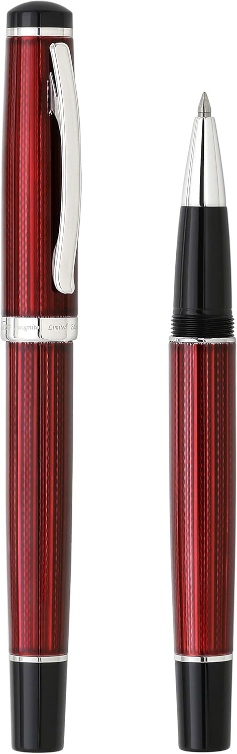 Xezo Incognito Rollerball Pen, Fine Point. Burgundy Red Lacquer with Pure Platinum Plating. Handcrafted, Guilloche Engraved. Limited Edition, Serialized