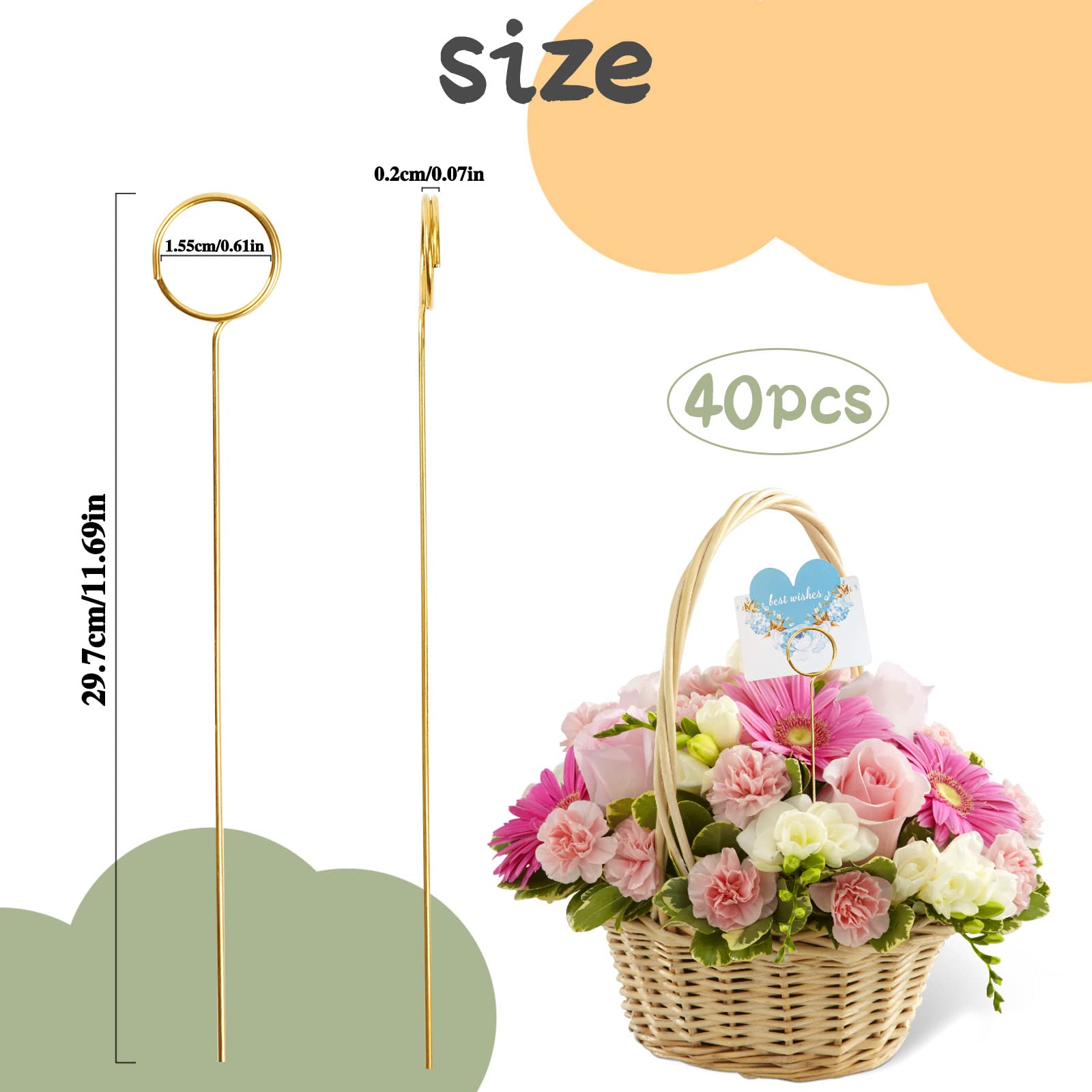 KALIONE 40 Stück Florale Tischkartenhalter Blumenplektren Blumen-Kartenhalter-Picks, Blumen-Picks, Bilderhalter, Foto-Memo-Halter, Metall-Blumen-Tischkartenhalter, goldener runder Foto-Stick-Clip