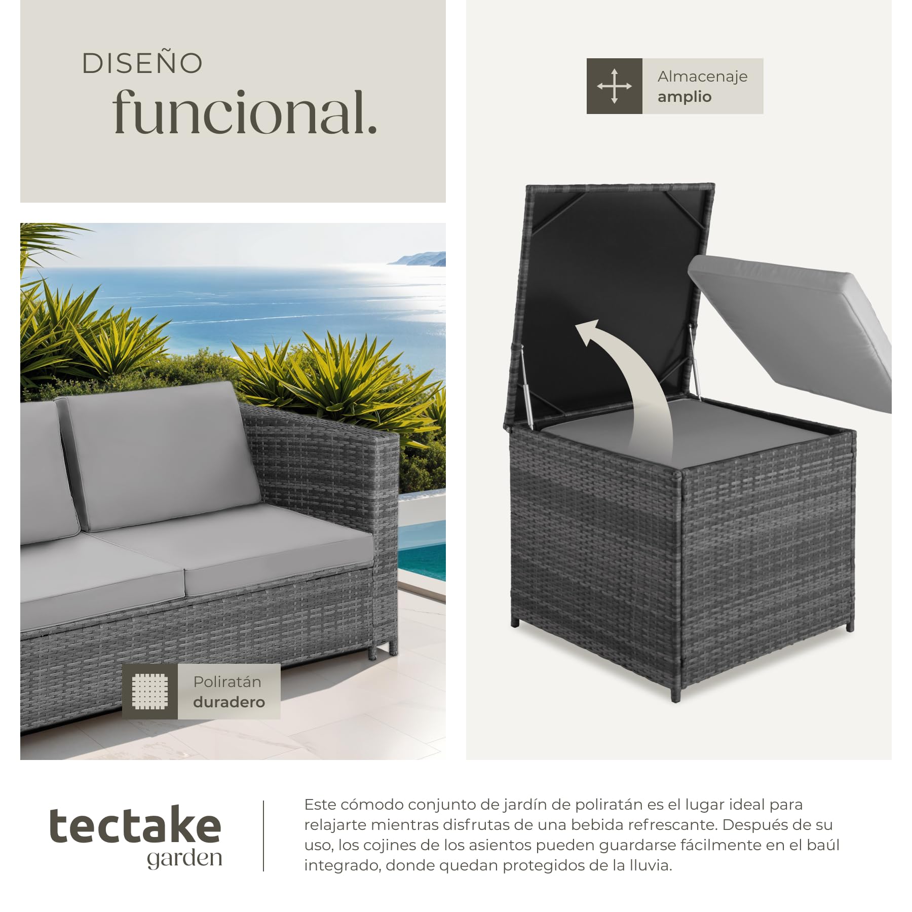 tectake® Conjunto Jardín de Ratán Combinable con Cojines Grosor 8 cm, Conjunto Terraza Acero y Resistente a la Intemperie, Muebles Jardín Exterior 2 Sofás, 1 Mesa, 1 Caja Almacenaje - Gris/Gris Claro