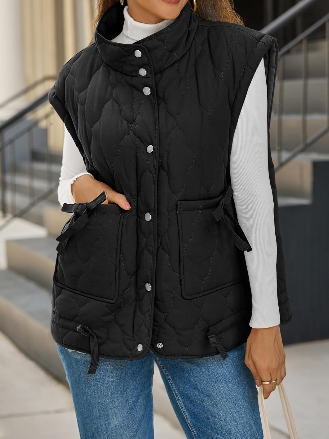 Cicy Bell Womens Puffer Quilted Vest Lightweight Stand Collar Cap Sleeve Jackets Button Down Padded Gilet Winter Outerwear - Image 5
