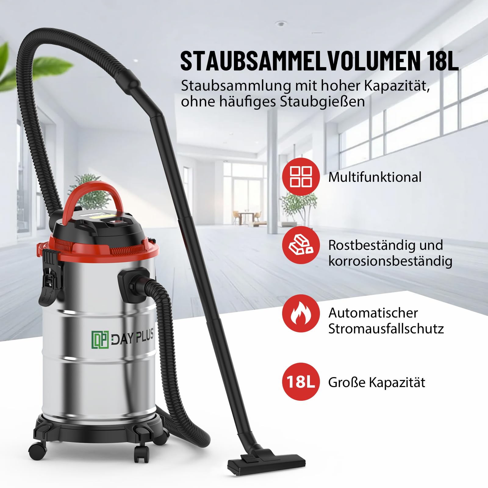 DayPlus Aspirador Multifuncional húmedo y seco 1200W, Capacidad 18L, Manguera de 1,5M, 2 aspiradores, 1 Cepillo, Cable de 5m, fácil de Usar