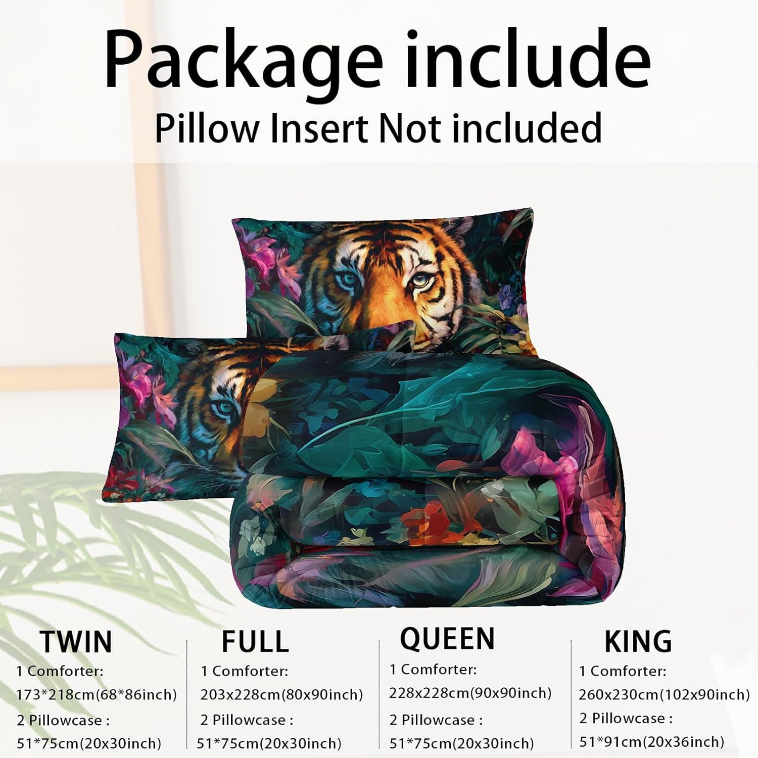 3Pcs Tiger Comforter Set Queen Size Plants Colorful Flowers Print Bedding Set,3D Wild Animals Comforter Set for Kids Boys Girls Room Decor,Wildlife Theme Bedding Set