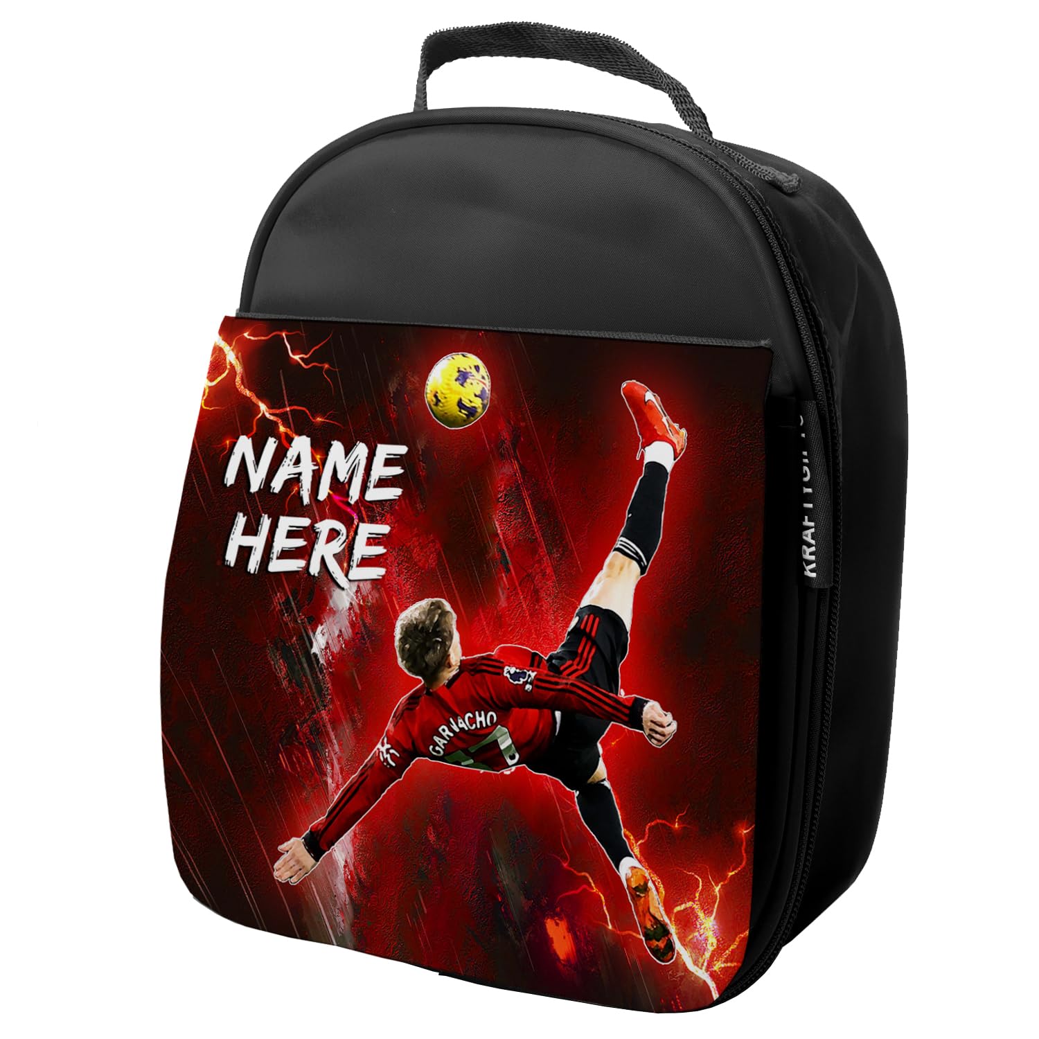 KRAFTYGIFTS Personalised Garnacho Lunch Bag Manchester Football Legend Boys School Nursery Insulated Lunchie Box Lunchbox Snackbox NL50