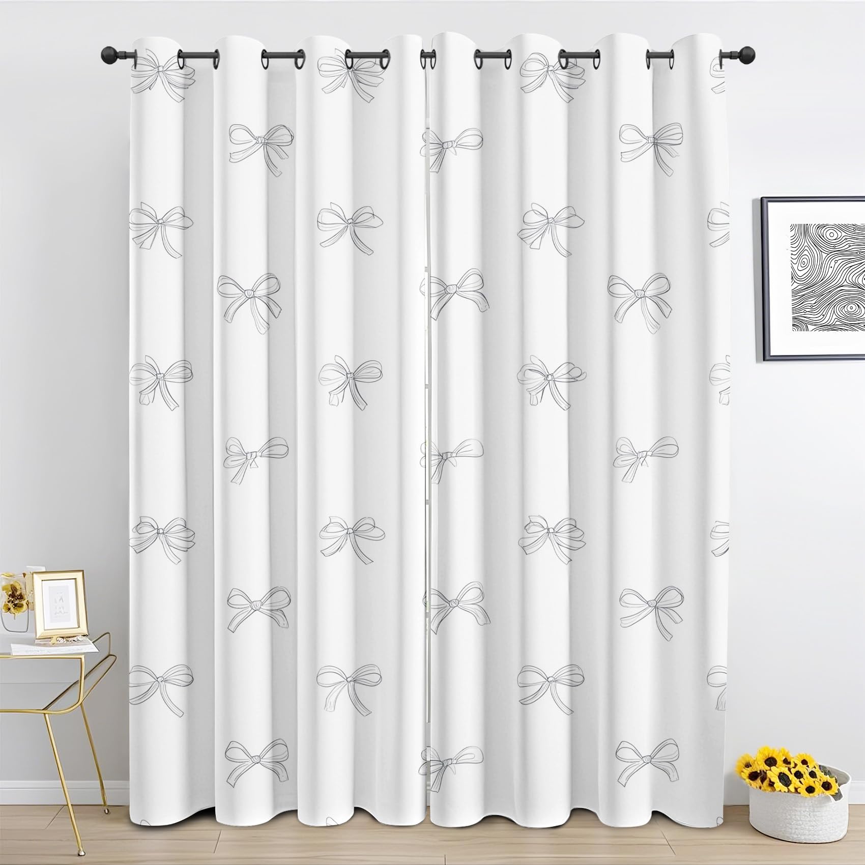 Bowknot Cute Curtains, Bow Black White Eyelet Curtain 72 Inch Long, Minimalist Girls Woman Blackout Curtains for Bedroom Living Room, Thermal Insulated Drapes 2 Panels Tc802