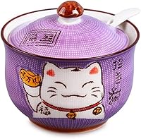 Vista 1 de Cerámica japonesa Maneki Neko Lucky Cat Azúcar Sal Pimienta Tarro de almacenamiento con tapa y cuchara
