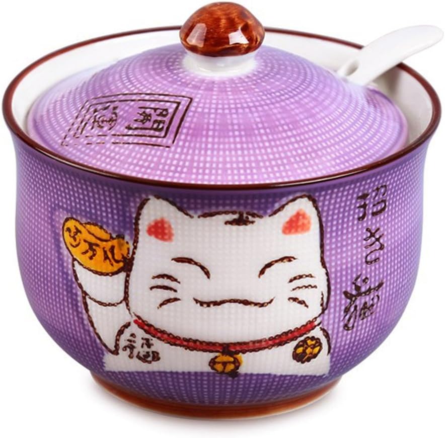 Ceramics Japanese Maneki Neko Lucky Cat Sugar Salt Pepper Storage Jar with Lid And Spoon