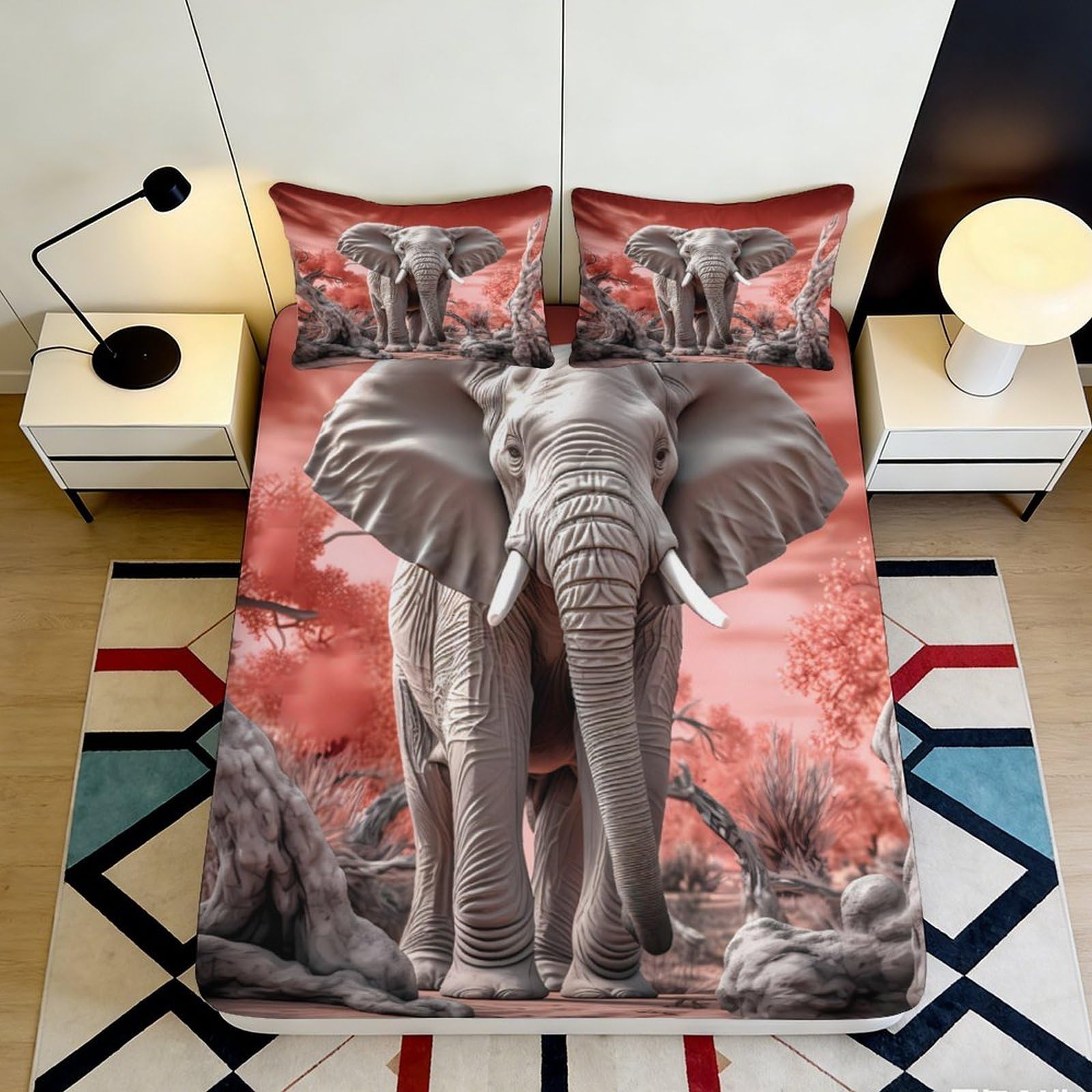 Dhbaneiok Style-10 3D Printed Elephant Safari Fitted Sheet Microfiber Anti-Slip Red Forest Bed Cover For Bedroom Guest Room Decor 90X200x25cm